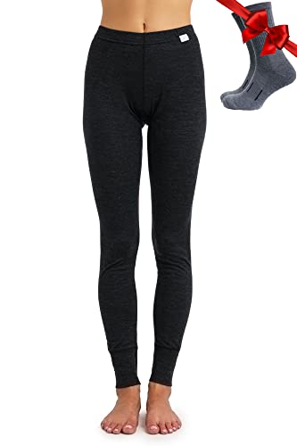 Merino Wolle Thermounterwäsche Damen - Merino Unterhose Damen Merino Leggings Leichte + Wollsocken (Large, 165 Heathered Black) von Merino.tech