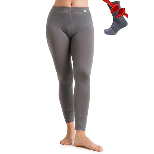 Merino Wolle Thermounterwäsche Damen - Merino Unterhose Damen Merino Leggings Schwergewicht + Wollsocken (Large, 165 Perfect Grey) von Merino.tech