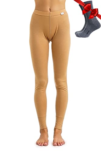 Merino Wolle Thermounterwäsche Damen - Merino Unterhose Damen Merino Leggings Leichte + Wollsocken (Medium, 165 Camel) von Merino.tech