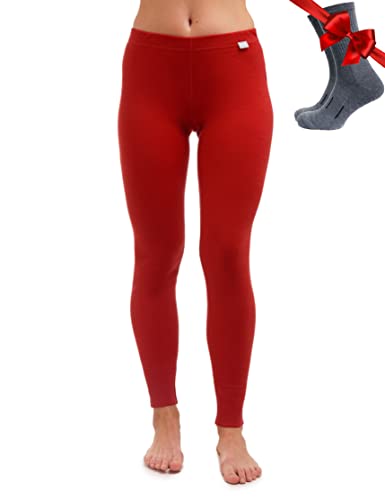 Merino Wolle Thermounterwäsche Damen - Merino Unterhose Damen Merino Leggings Mittelgewicht + Wollsocken(Large, 250 Cherry Red) von Merino.tech