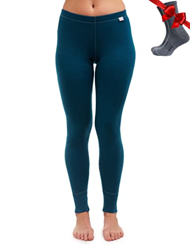 Merino Wolle Thermounterwäsche Damen - Merino Unterhose Damen Merino Leggings Mittelgewicht + Wollsocken(Large, 250 Deep Teal) von Merino.tech