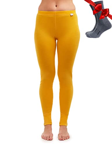 Merino Wolle Thermounterwäsche Damen - Merino Unterhose Damen Merino Leggings Mittelgewicht + Wollsocken(Large, 250 Mango Tango) von Merino.tech