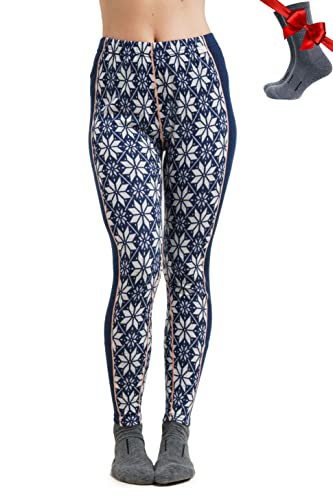 Merino Wolle Thermounterwäsche Damen - Merino Unterhose Damen Merino Leggings Mittelgewicht + Wollsocken(Large, 250 Snowflake Navy) von Merino.tech