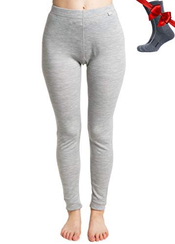 Merino Wolle Thermounterwäsche Damen - Merino Unterhose Damen Merino Leggings Mittelgewicht + Wollsocken(Large, Gray Heather 250) von Merino.tech