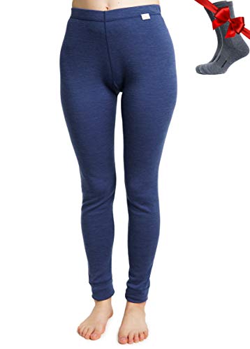 Merino Wolle Thermounterwäsche Damen - Merino Unterhose Damen Merino Leggings Mittelgewicht + Wollsocken(Large, Windsor Blue 250) von Merino.tech