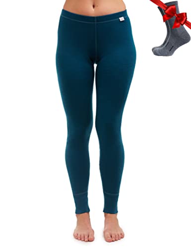 Merinowolle Thermounterwäsche Damen - Merino Unterhose Damen Merino Leggings + Wollsocken (Medium, 250 Deep Teal) von Merino.tech