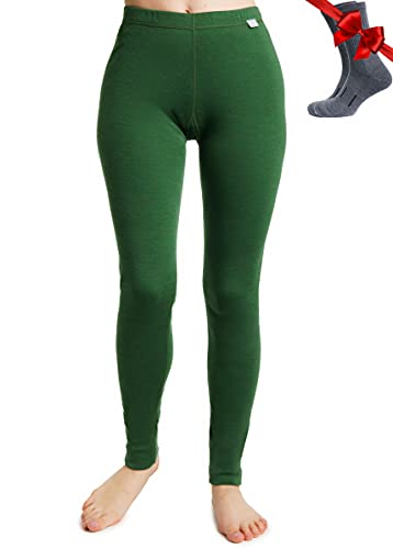 Merinowolle Thermounterwäsche Damen - Merino Unterhose Damen Merino Leggings + Wollsocken (X-Small, Olive 250) von Merino.tech