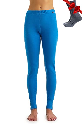 Merino Wolle Thermounterwäsche Damen - Merino Unterhose Damen Merino Leggings Schwergewicht + Wollsocken(Large, 320 Ocean Blue) von Merino.tech