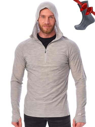 Merino.tech 100% Merino Hoody Herren mit Kapuze – Thermoshirt Hoodies für Männer aus Merinowolle, Kapuzenpullover für Herren (Grau mit Heidekraut, Mittel) von Merino.tech