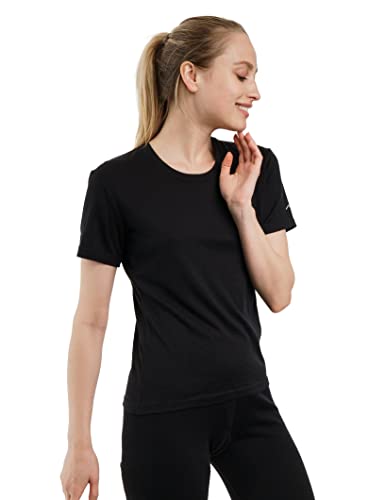 Merino.tech 100% Merino Shirt Damen Wandern - Merinowolle Tshirt Damen Kurzarm - Sport Thermo Unterhemd - Natürlich Weich Unterwäsche (X-Large, Solid Black Crewneck) von Merino.tech