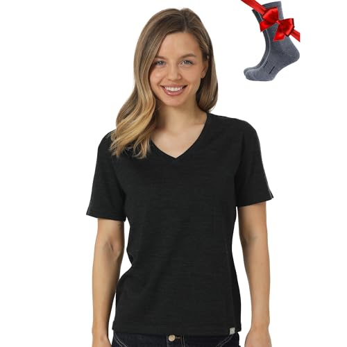 Merino.tech 100% Merino T Shirt Damen - Merinowolle Sport Wandern Thermoshirt Damen + Merino Wandersocken (Large, Charcoal V-Neck) von Merino.tech