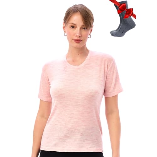 Merino.tech 100% Merino T Shirt Damen - Merinowolle Sport Wandern Thermoshirt Damen + Wandersocken (Small, Pink Heather Crewneck) von Merino.tech