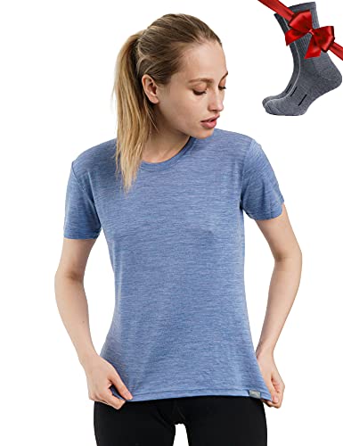 Merino.tech 100% Merino T Shirt Damen - Merinowolle Sport Wandern Thermoshirt Damen + Wandersocken (X-Large, Deep Blue Crewneck) von Merino.tech