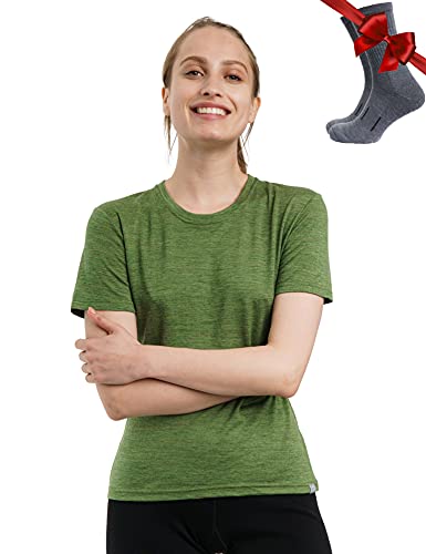 Merino.tech 100% Merino T Shirt Damen - Merinowolle Sport Wandern Thermoshirt Damen + Wandersocken (Green Olive Crewneck, X-Large) von Merino.tech