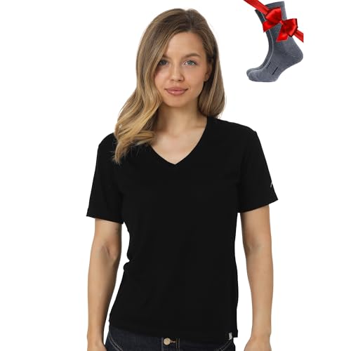 Merino.tech 100% Merino T Shirt Damen - Merinowolle Sport Wandern Thermoshirt Damen + Wandersocken (Large, Black V-Neck) von Merino.tech