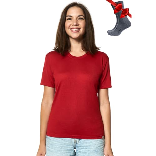 Merino.tech 100% Merino T Shirt Damen - Merinowolle Sport Wandern Thermoshirt Damen + Wandersocken (Large, Cherry Red Crewneck) von Merino.tech