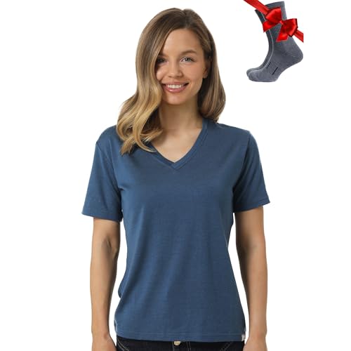 Merino.tech 100% Merino T Shirt Damen - Merinowolle Sport Wandern Thermoshirt Damen + Wandersocken (Medium, Denim V-Neck) von Merino.tech
