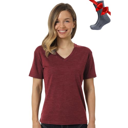 Merino.tech 100% Merino T Shirt Damen - Merinowolle Sport Wandern Thermoshirt Damen + Wandersocken (Small, Burgundy V-Neck) von Merino.tech