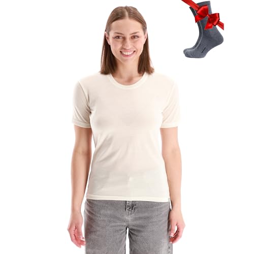 Merino.tech 100% Merino T Shirt Damen - Merinowolle Sport Wandern Thermoshirt Damen + Wandersocken (Small, Creamy White) von Merino.tech
