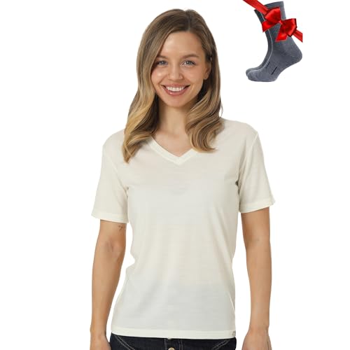 Merino.tech 100% Merino T Shirt Damen - Merinowolle Sport Wandern Thermoshirt Damen + Wandersocken (Small, Creamy White V-Neck) von Merino.tech
