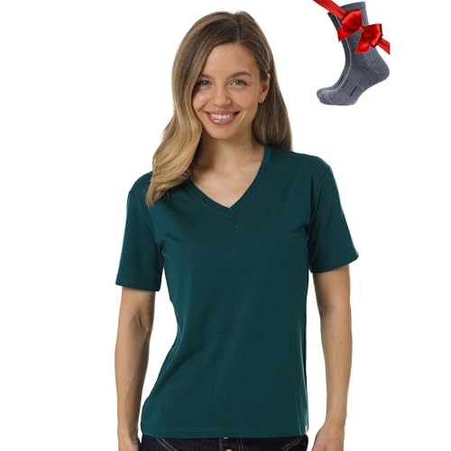 Merino.tech 100% Merino T Shirt Damen - Merinowolle Sport Wandern Thermoshirt Damen + Wandersocken (XX-Large, Deep Teal V-Neck) von Merino.tech