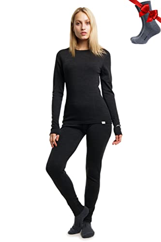 Merino.tech 100% Merino Unterwäsche Damen Set - Leicht Funktionsunterwäsche Merinowolle, Langarm Shirt und Hose + Wandersocken aus Merinowolle (Large, 165 LITE Charcoal) von Merino.tech