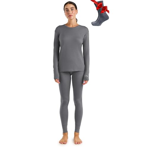 Merino.tech 100% Merino Unterwäsche Damen Set - Leicht Funktionsunterwäsche Merinowolle, Langarm Shirt und Hose + Wandersocken aus Merinowolle (Large, 165 LITE Perfect Grey) von Merino.tech