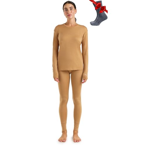 Merino.tech 100% Merino Unterwäsche Damen Set - Leicht Funktionsunterwäsche Merinowolle, Langarm Shirt und Hose + Wandersocken aus Merinowolle (Large, LITE 165 Camel) von Merino.tech