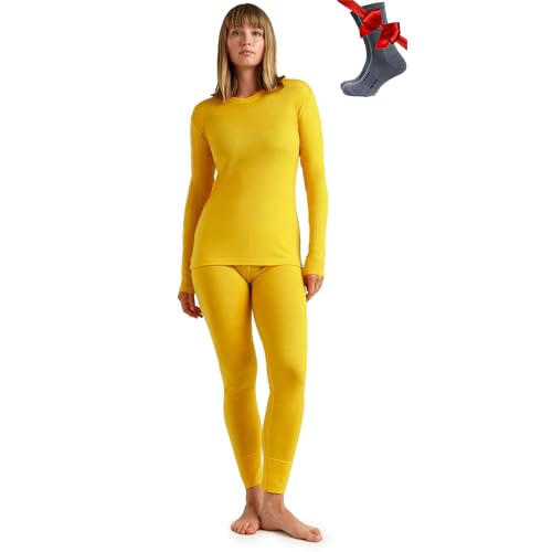 Merino.tech 100% Merino Unterwäsche Damen Set - Leicht Funktionsunterwäsche Merinowolle, Langarm Shirt und Hose + Wandersocken aus Merinowolle (Large, LITE 165 Gold) von Merino.tech