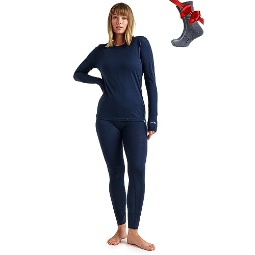 Merino.tech 100% Merino Unterwäsche Damen Set - Leicht Funktionsunterwäsche Merinowolle, Langarm Shirt und Hose + Wandersocken aus Merinowolle (Large, LITE 165 Navy) von Merino.tech