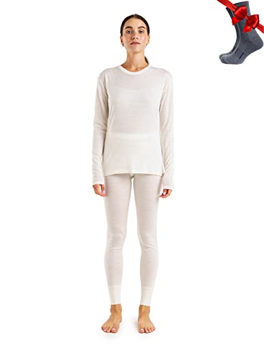 Merino.tech 100% Merino Unterwäsche Damen Set - Leicht Funktionsunterwäsche Merinowolle, Langarm Shirt und Hose + Wandersocken aus Merinowolle (Large, LITE 165 Off White) von Merino.tech