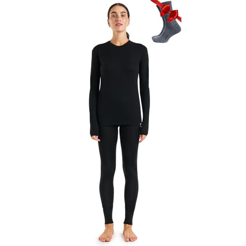 Merino.tech 100% Merino Unterwäsche Damen Set - Leicht Funktionsunterwäsche Merinowolle, Langarm Shirt und Hose + Wandersocken aus Merinowolle (Medium, 165 LITE Black) von Merino.tech