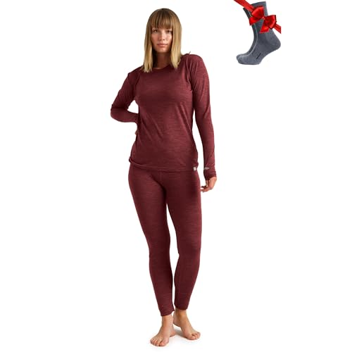 Merino.tech 100% Merino Unterwäsche Damen Set - Leicht Funktionsunterwäsche Merinowolle, Langarm Shirt und Hose + Wandersocken aus Merinowolle (Medium, LITE 165 Burgundy) von Merino.tech
