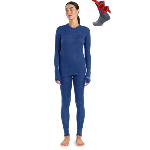 Merino.tech 100% Merino Unterwäsche Damen Set - Leicht Funktionsunterwäsche Merinowolle, Langarm Shirt und Hose + Wandersocken aus Merinowolle (Small, 165 LITE Windsor Blue) von Merino.tech