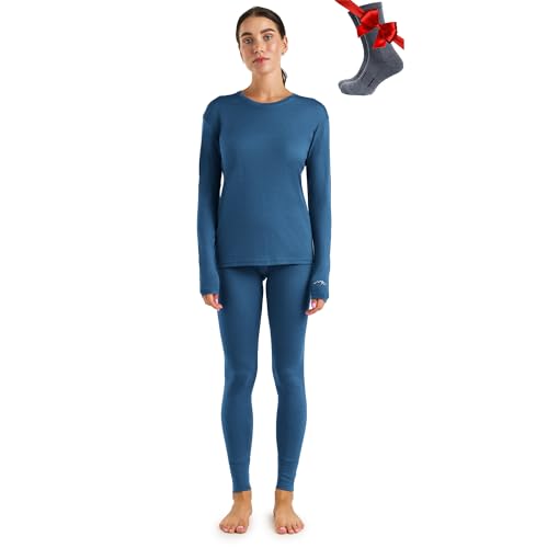 Merino.tech 100% Merino Unterwäsche Damen Set - Leicht Funktionsunterwäsche Merinowolle, Langarm Shirt und Hose + Wandersocken aus Merinowolle (X-Large, 165 LITE Denim Blue) von Merino.tech