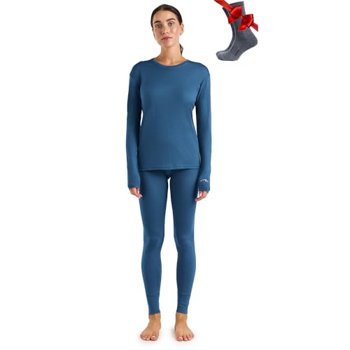Merino.tech 100% Merino Unterwäsche Damen Set - Leicht Funktionsunterwäsche Merinowolle, Langarm Shirt und Hose + Wandersocken aus Merinowolle (X-Large, 165 LITE Denim Blue) von Merino.tech