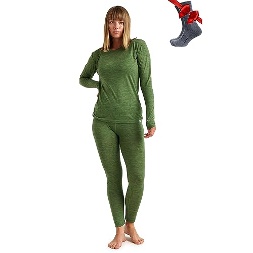 Merino.tech 100% Merino Unterwäsche Damen Set - Leicht Funktionsunterwäsche Merinowolle, Langarm Shirt und Hose + Wandersocken aus Merinowolle (X-Large, LITE 165 Olive Green) von Merino.tech