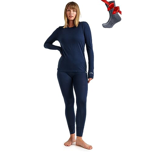 Merino.tech 100% Merino Unterwäsche Damen Set - Leicht Funktionsunterwäsche Merinowolle, Langarm Shirt und Hose + Wandersocken aus Merinowolle (XX-Large, LITE 165 Navy) von Merino.tech