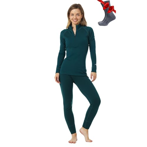 Merino.tech 100% Merino Unterwäsche Damen Set - Mittelgewicht, Funktionsunterwäsche Merinowolle, Langarm Shirt und Hose + Wandersocken aus Merinowolle (Medium, 250 Deep Teal Zip-up Set) von Merino.tech
