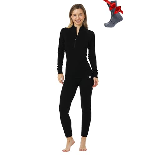 Merino.tech 100% Merino Unterwäsche Damen Set - Mittelgewicht, Funktionsunterwäsche Merinowolle, Langarm Shirt und Hose + Wandersocken aus Merinowolle (Small, 250 Black Zip-up Set) von Merino.tech