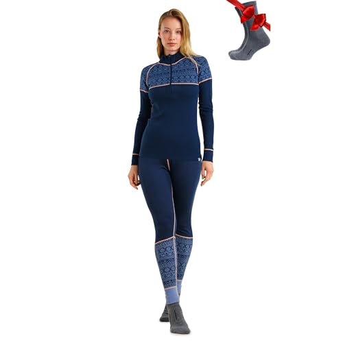 Merino.tech 100% Merino Unterwäsche Damen Set - Mittelgewicht, Funktionsunterwäsche Merinowolle, Langarm Shirt und Hose + Wandersocken aus Merinowolle (Small, 250 Nordic Tale Berry Zip-up Set) von Merino.tech