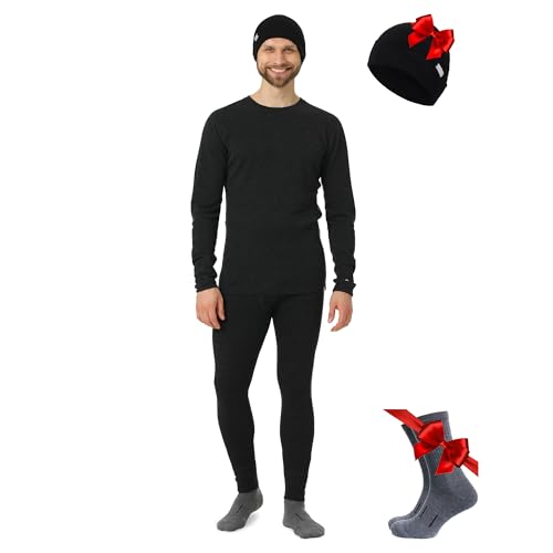 Merino.tech 100% Merino Unterwäsche Herren Set, Skiunterwäsche Merino Herren, Baselayer Longsleeve und Unterhose + Beanie (Large, Charcoal Grey) von Merino.tech
