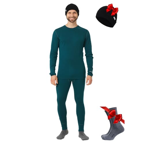 Merino.tech 100% Merino Unterwäsche Herren Set, Skiunterwäsche Merino Herren, Baselayer Longsleeve und Unterhose + Beanie (Large, Deep Teal) von Merino.tech