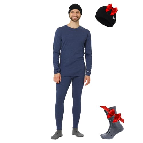 Merino.tech 100% Merino Unterwäsche Herren Set, Skiunterwäsche Merino Herren, Baselayer Longsleeve und Unterhose + Beanie (Large, Windsor Blue) von Merino.tech
