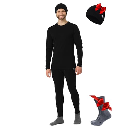 Merino.tech 100% Merino Unterwäsche Herren Set, Skiunterwäsche Merino Herren, Baselayer Longsleeve und Unterhose + Beanie (XX-Large, Black) von Merino.tech
