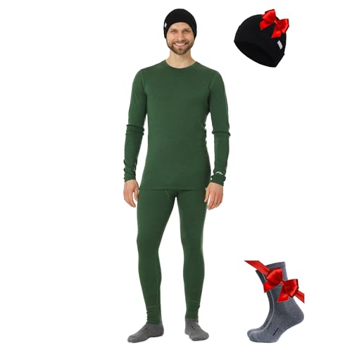 Merino.tech 100% Merino Unterwäsche Herren Set, Skiunterwäsche Merino Herren, Baselayer Longsleeve und Unterhose + Beanie (XX-Large, Olive) von Merino.tech