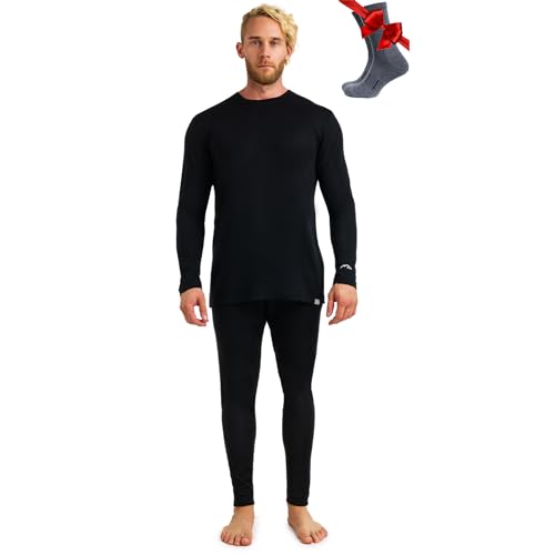 Merino.tech 100% Merino Unterwäsche Herren Set - Leicht Thermounterwäsche Merinowolle, Langarm Shirt und Hose + Wandersocken aus Merinowolle (Large, 165 LITE Black) von Merino.tech