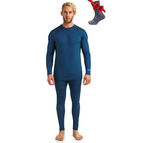 Merino.tech 100% Merino Unterwäsche Herren Set - Leicht Thermounterwäsche Merinowolle, Langarm Shirt und Hose + Wandersocken aus Merinowolle (Large, 165 LITE Denim Blue) von Merino.tech