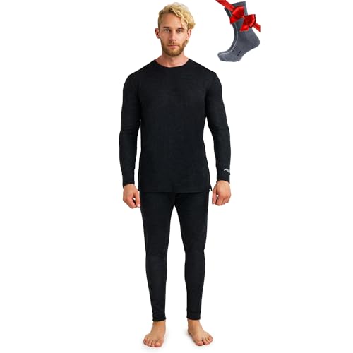 Merino.tech 100% Merino Unterwäsche Herren Set - Leicht Thermounterwäsche Merinowolle, Langarm Shirt und Hose + Wandersocken aus Merinowolle (Large, 165 LITE Heathered Black) von Merino.tech