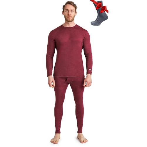 Merino.tech 100% Merino Unterwäsche Herren Set - Leicht Thermounterwäsche Merinowolle, Langarm Shirt und Hose + Wandersocken aus Merinowolle (Large, LITE 165 Burgundy) von Merino.tech